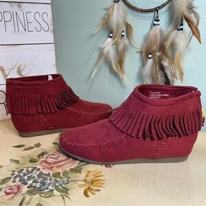 Maroon Dark Red Faux Suede Fringe Beaded Boho Ankle Boots Cheyenne 7.5